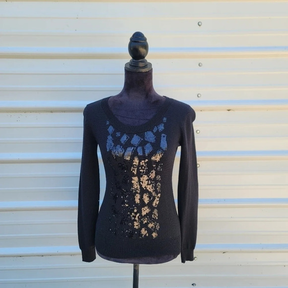 Calvin Klein Women's Black Sequin Embellished Long Sleeve Wool Blend Sweater XS - Picture 1 of 8